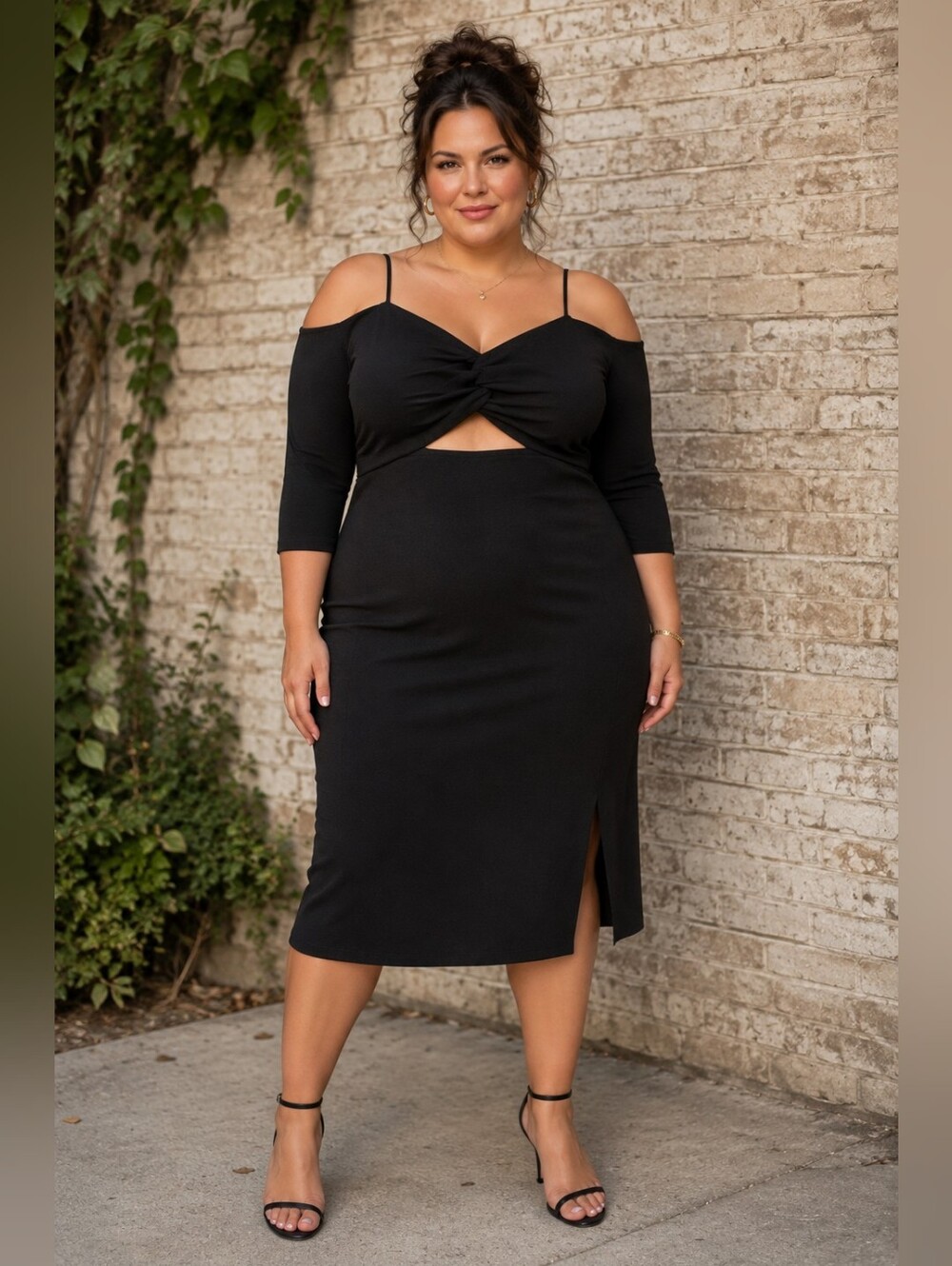 AdditionElle NEW Plus Size 3x: Black Cold-Shoulder Midi Dress with Front Cut Out